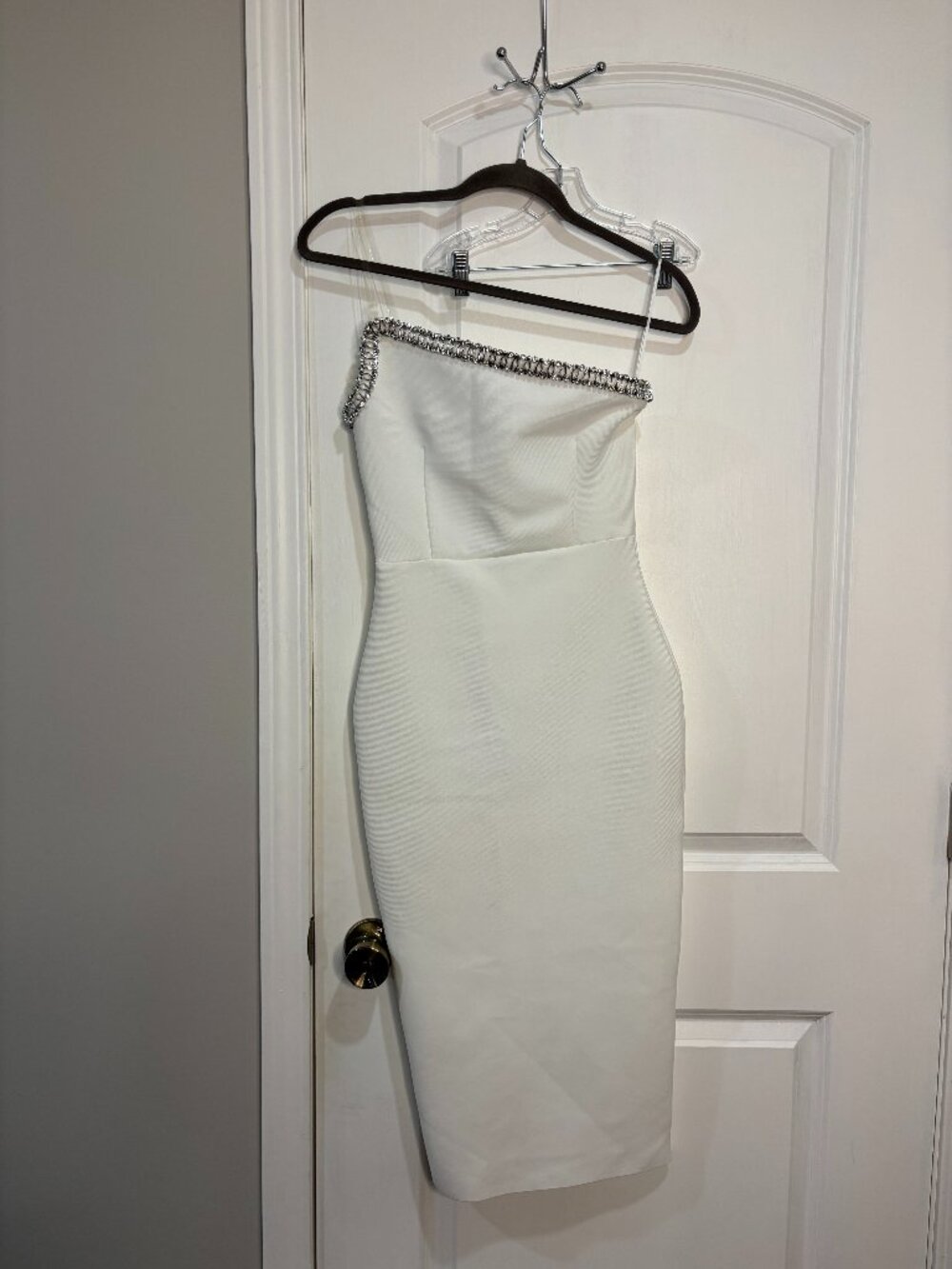 White Embellished Asymmetrical Neckline Midi Dress Size XS